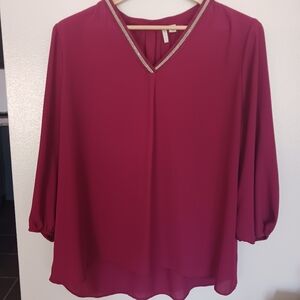 Cato • Women's Magenta Shimmer V-Neck Collar High Low Blouse Top